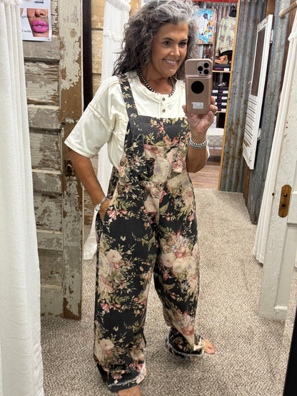 BlueVelvet Floral Print Wide Leg Overalls - Black