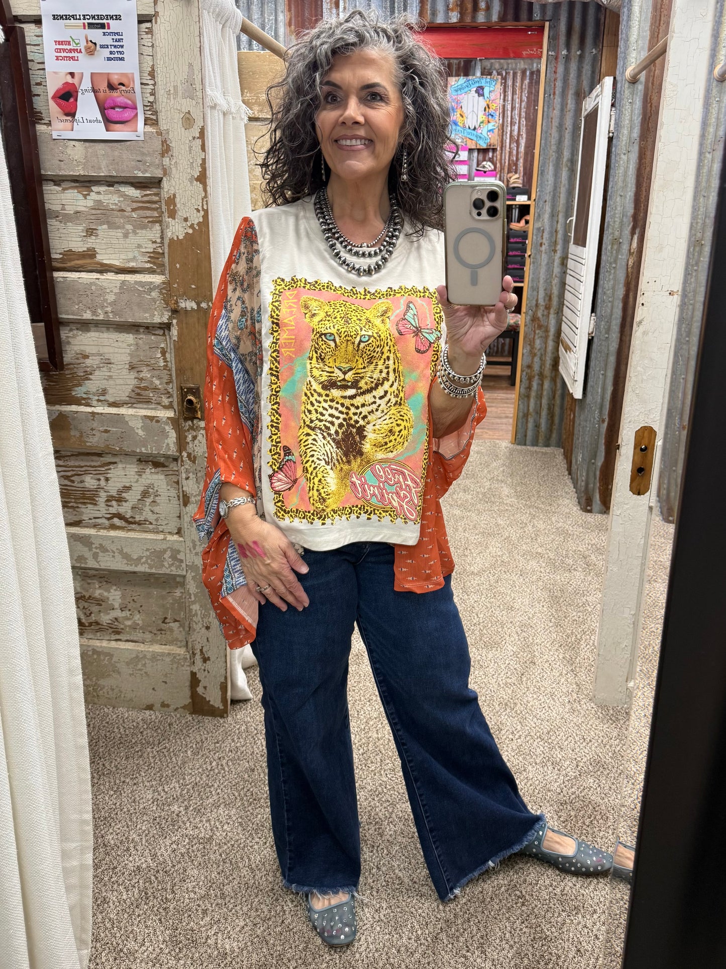 Free Spirit Dreamer Leopard Graphic Sheer Sleeves Kaftan White/Rust Top