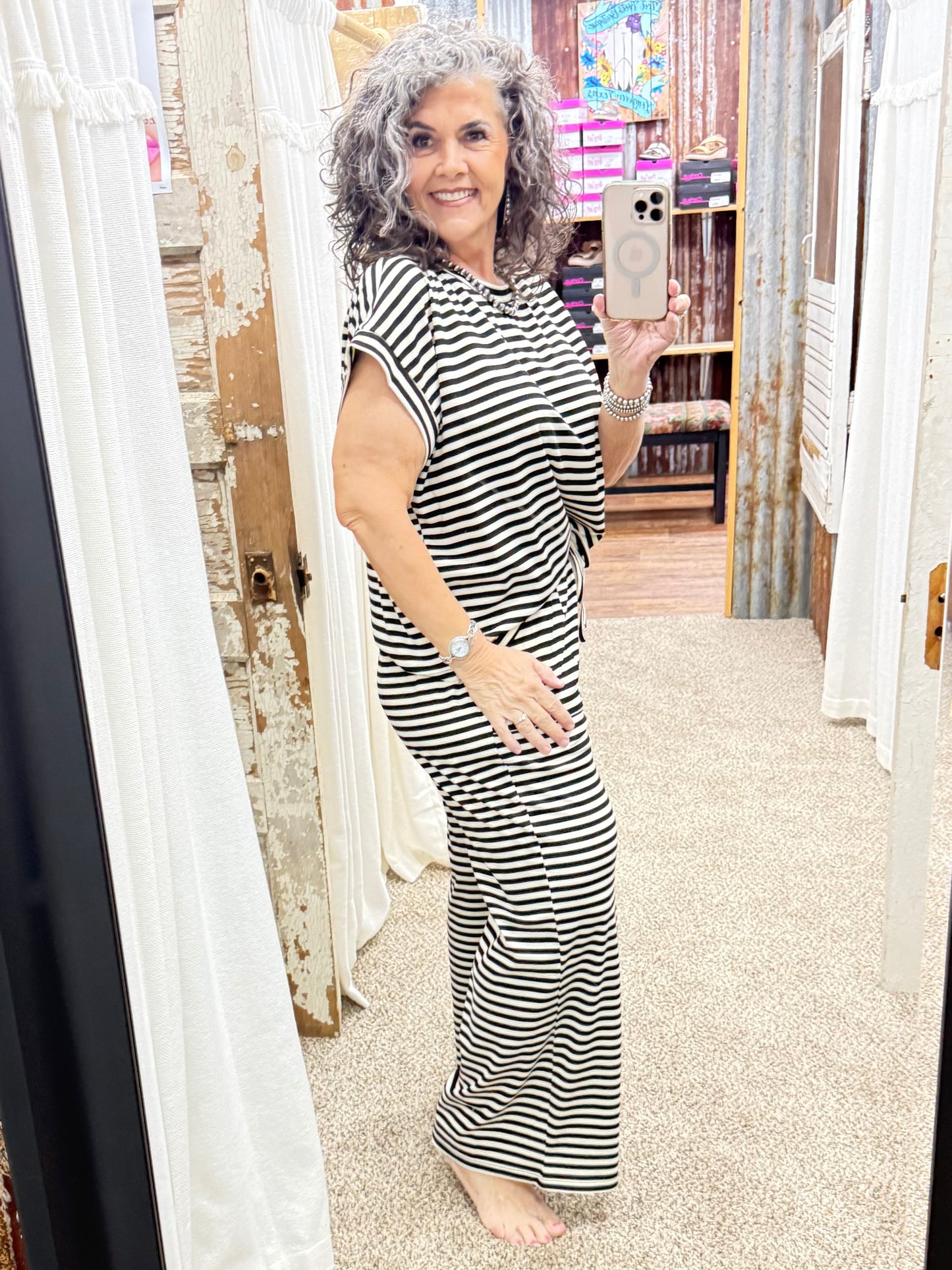 Striped Rib Top and Pants Lounge Set: BLACK/CREAM
