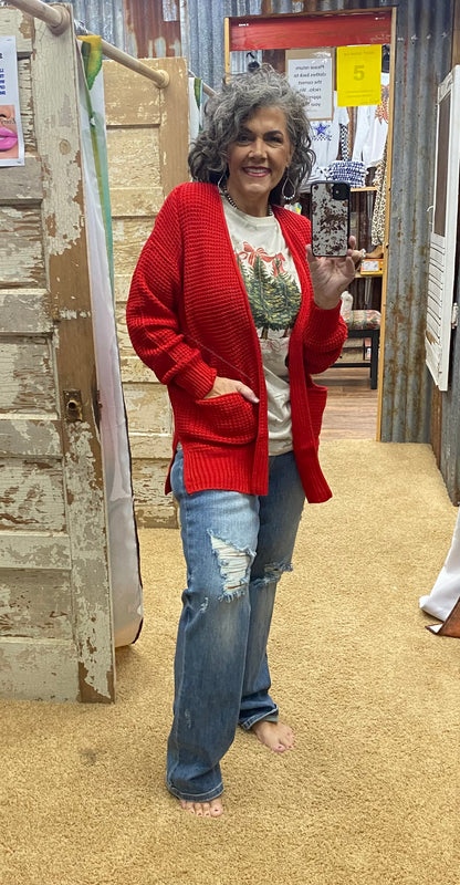 Red Waffle Open Cardigan