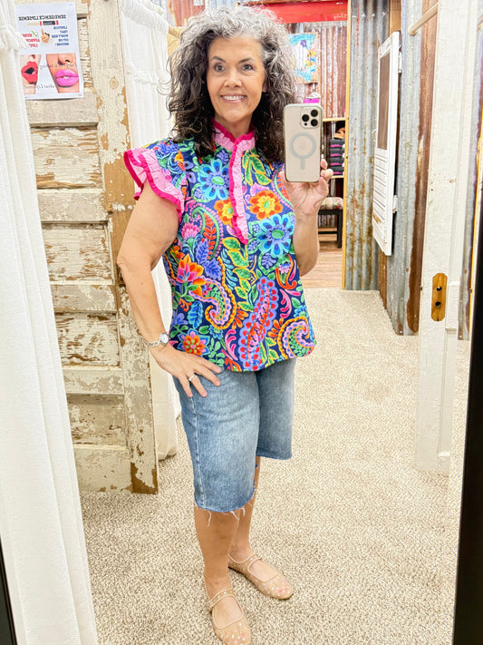 UMGEE Navy Ruffle Trim Paisley Floral Top