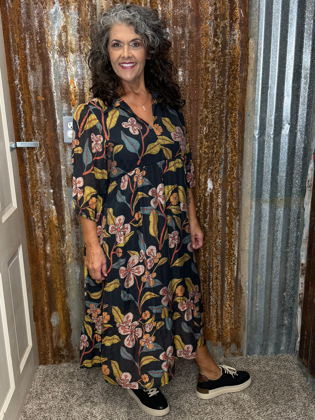 Umgee Black Mixed Floral Print Tiered Midi Dress
