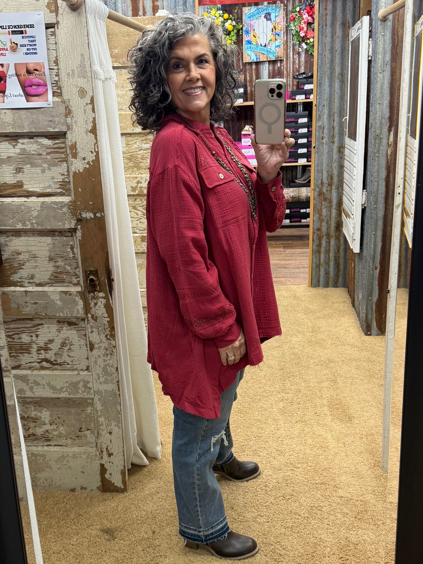 RED WINE SHARKBITE SOFT WASHED COTTON GAUZE TUNIC