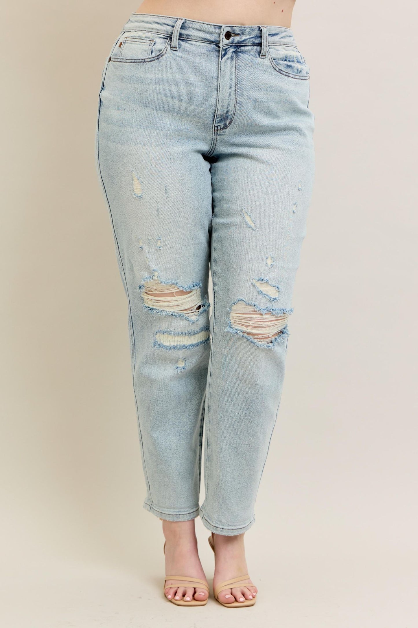 Judy Blue Mid Rise Repair Stitch Detail Destroy Single Cuff Boyfriend Jean 88972