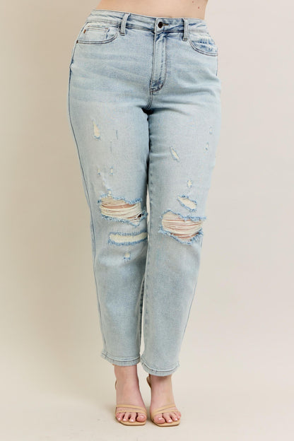 Judy Blue Mid Rise Repair Stitch Detail Destroy Single Cuff Boyfriend Jean 88972
