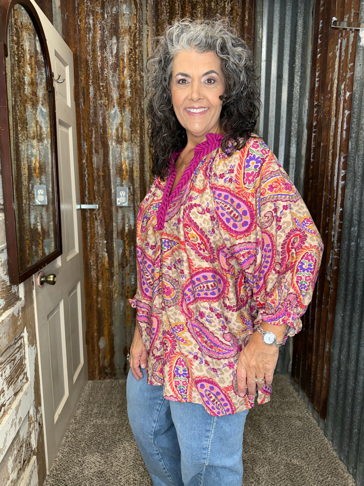 UMGEE Ecru Mix Paisley Chevron Trim V-Neck Top