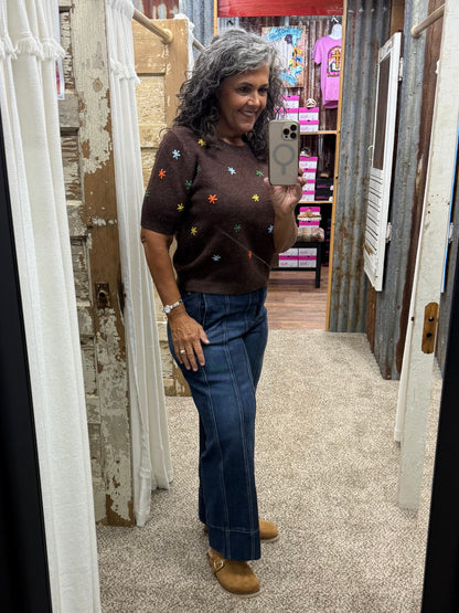 Floral Embroidered Short Sleeve Sweater