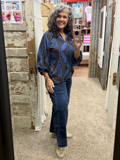 UMGEE Slate Blue Abstract Leaf Print V-Neck Balloon Sleeve Blouse