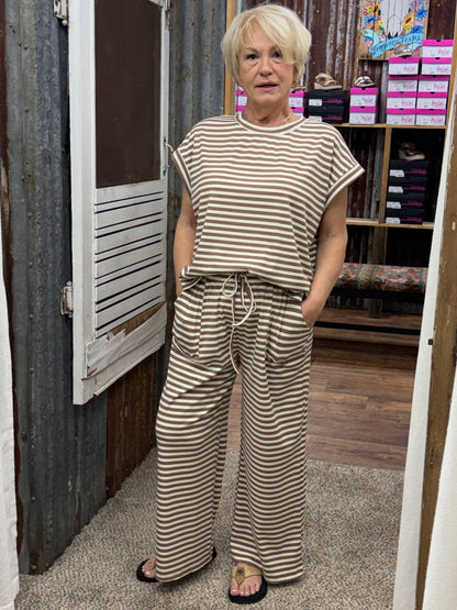 Striped Rib Top and Pants Lounge Set: TAUPE/CREAM