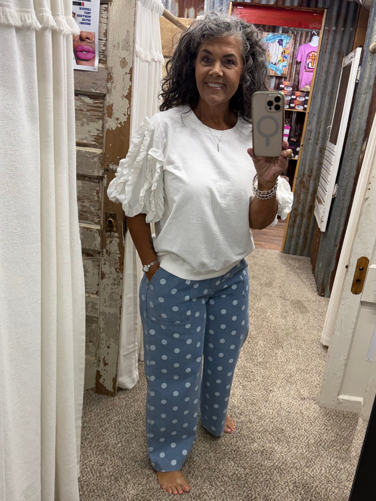 Denim Polka Dot Denim Wide Leg Pants