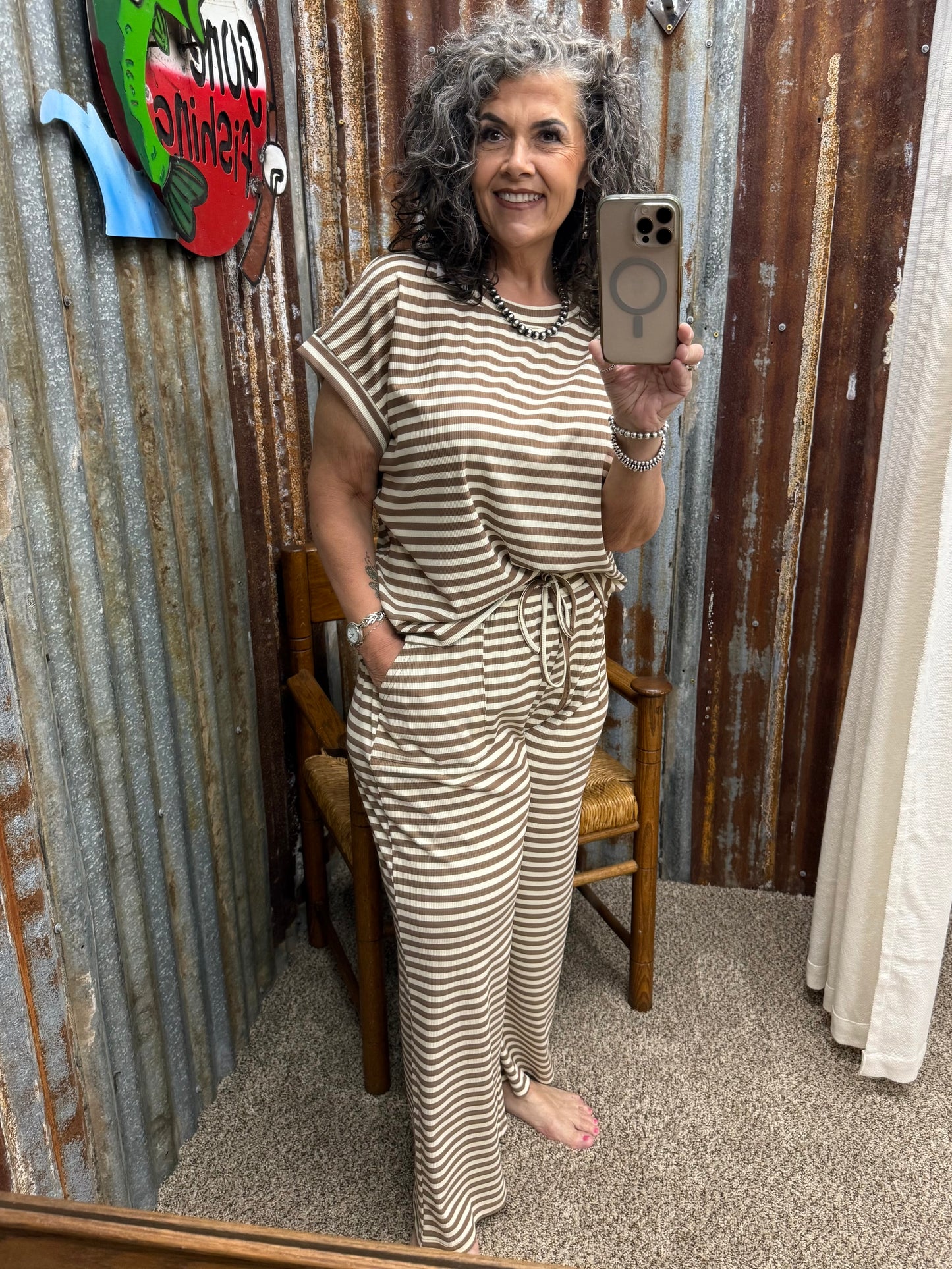Striped Rib Top and Pants Lounge Set: TAUPE/CREAM