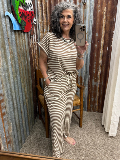 Striped Rib Top and Pants Lounge Set: TAUPE/CREAM