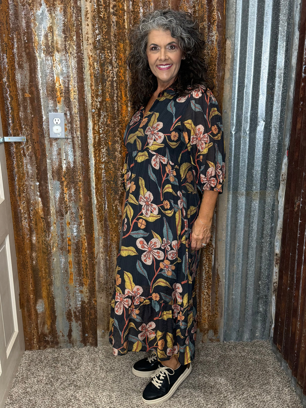 Umgee Black Mixed Floral Print Tiered Midi Dress