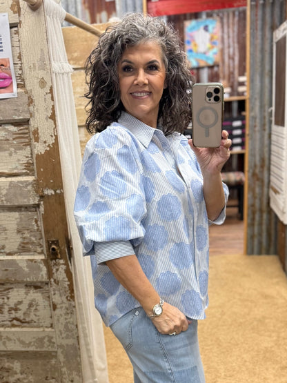 PUFF SLEEVES FLORAL AND STRIPE SHIRT