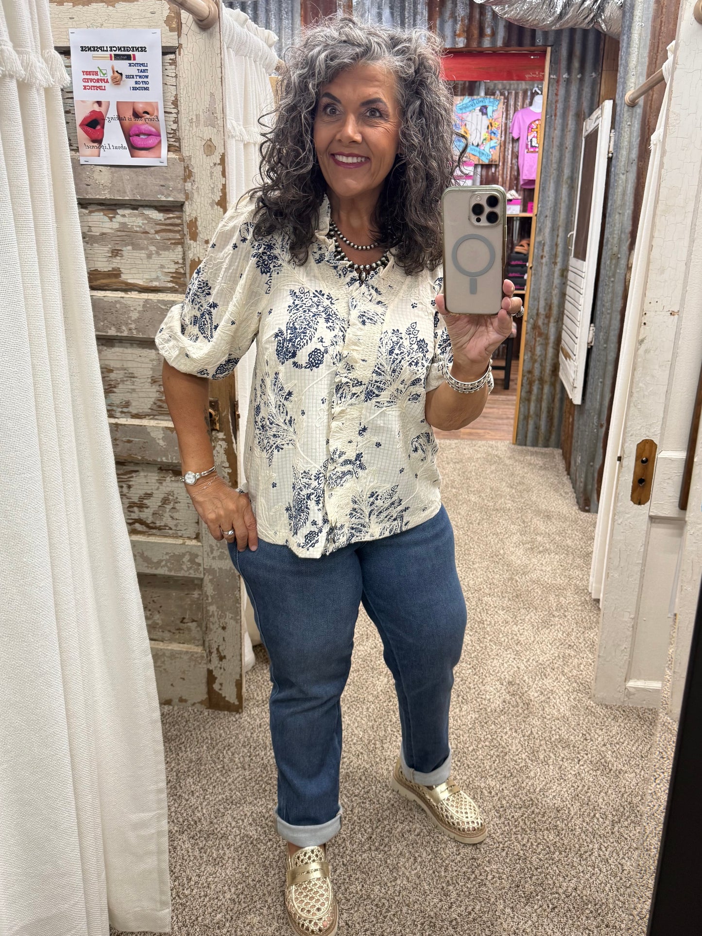 UMGEE Navy Floral Embroidered Blouse with Ruffle Trim