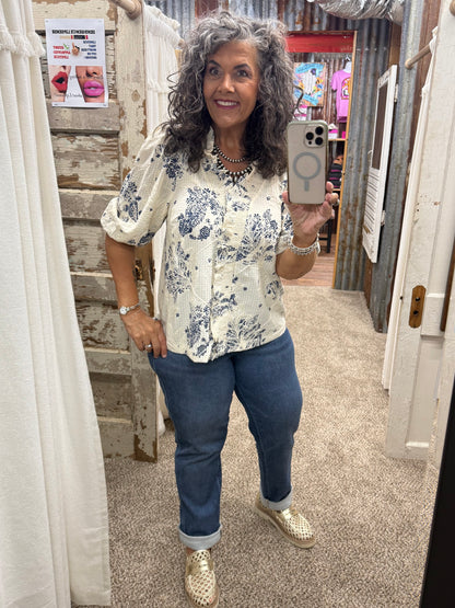 UMGEE Navy Floral Embroidered Blouse with Ruffle Trim