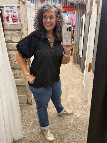 UMGEE Black Textured Puff Sleeve Split Neck Top