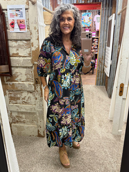 UMGEE Black Boho Paisley Tiered Midi Dress