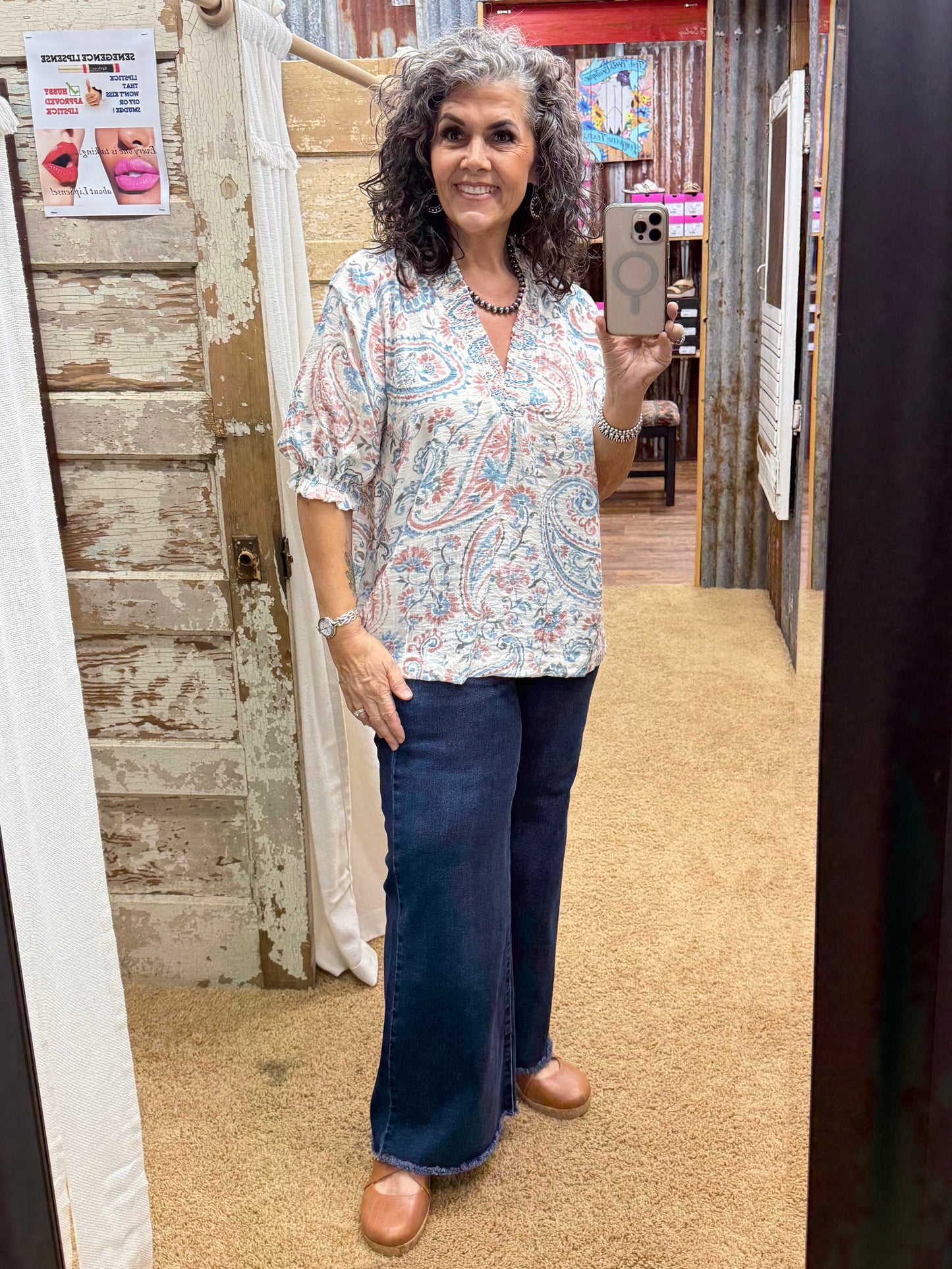 UMGEE Blue and Pink Smocked V-Neck Paisley Top