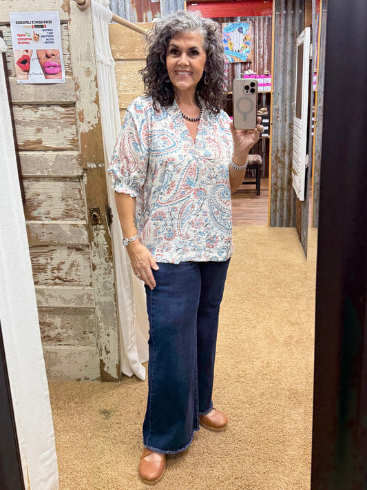 UMGEE Blue and Pink Smocked V-Neck Paisley Top