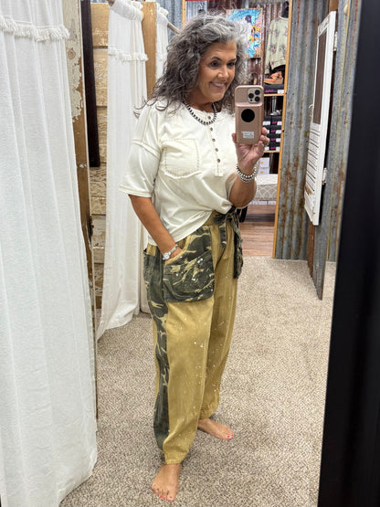 BlueVelvet CAMO PATCHWORK PAINT SPLATTER PANTS