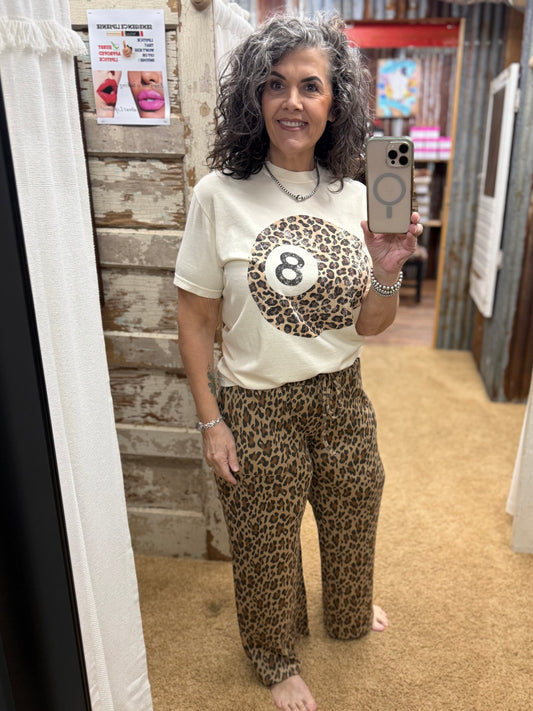 Brown Leopard Print Rib Fabric Wide Leg Drawstring Pants: Brown Combo