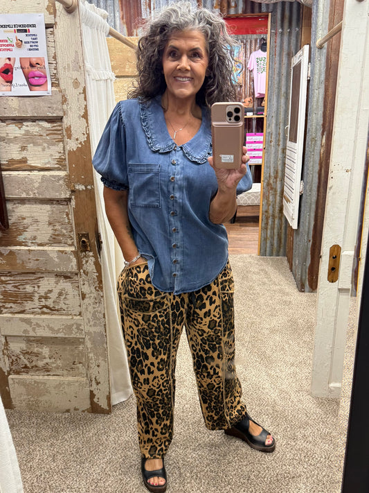 Mocha Leopard Printed Barrel Fit Utility Knit Pants