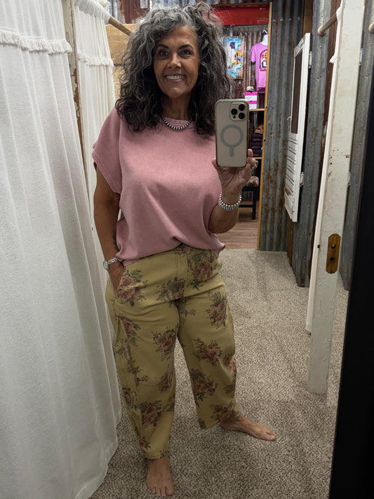 EASEL FLORAL PRINT WASHED TWILL BARREL PANTS in TOAST