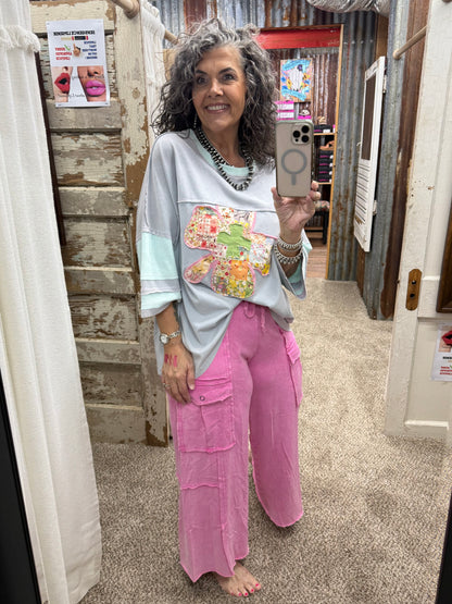EASEL BUBBLE GUM WASHED WIDE LEGS TERRY CARGO PANTS