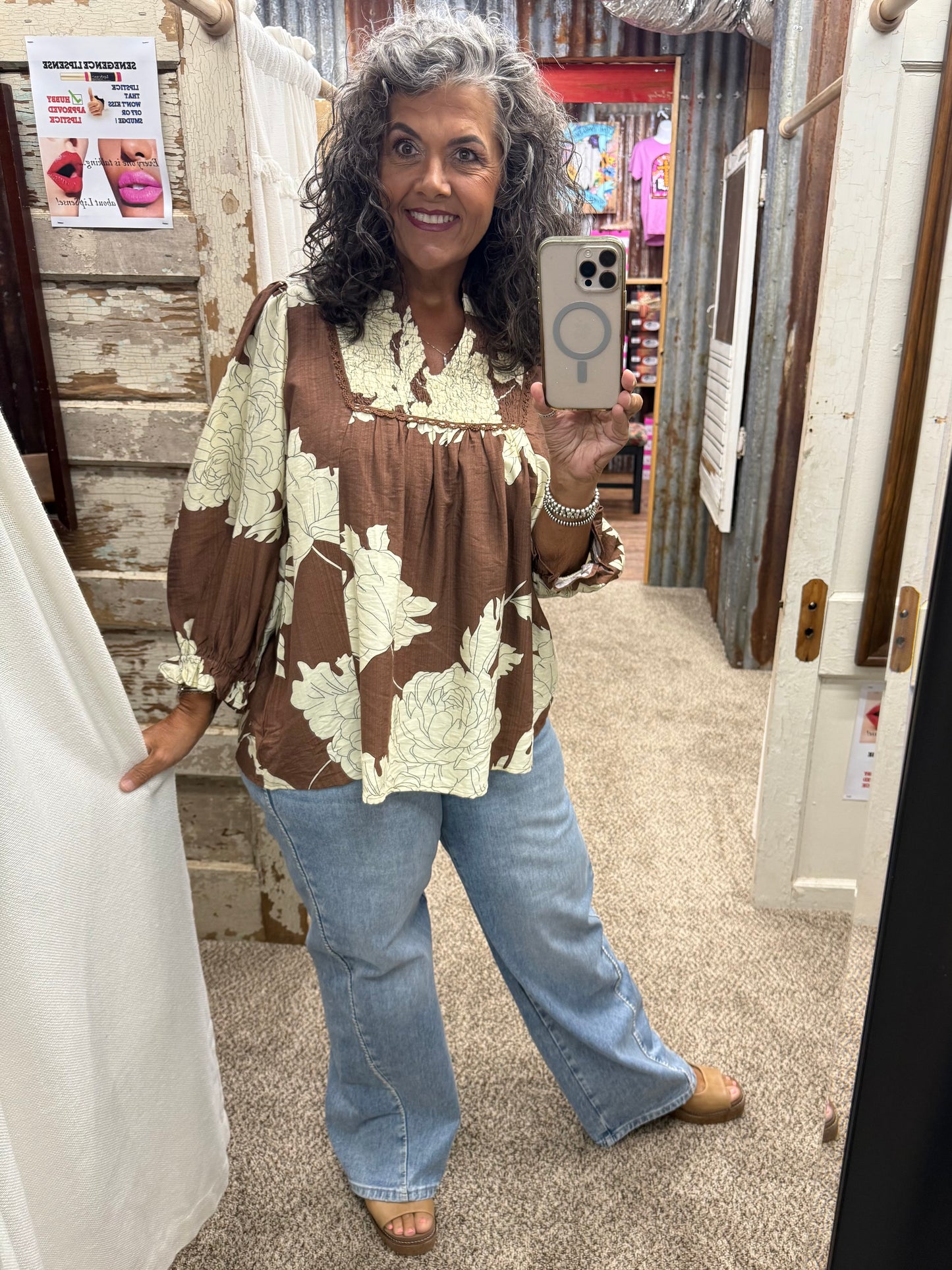 UMGEE Brown Floral Smocked Yoke Peasant Blouse