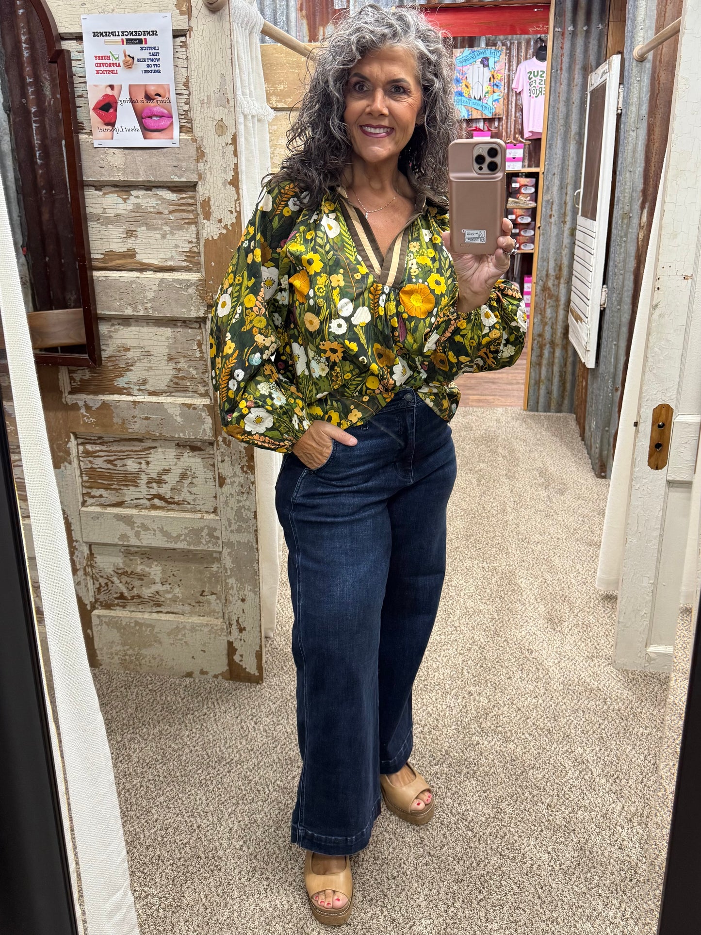 UMGEE Olive Floral Print Contrast Collar Long Sleeve Blouse