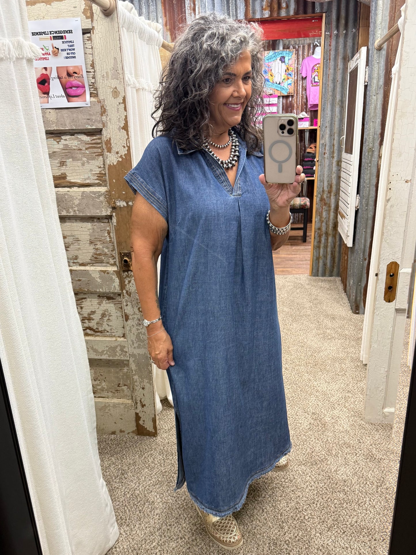 UMGEE Denim Stone Washed Collared Denim Midi Dress
