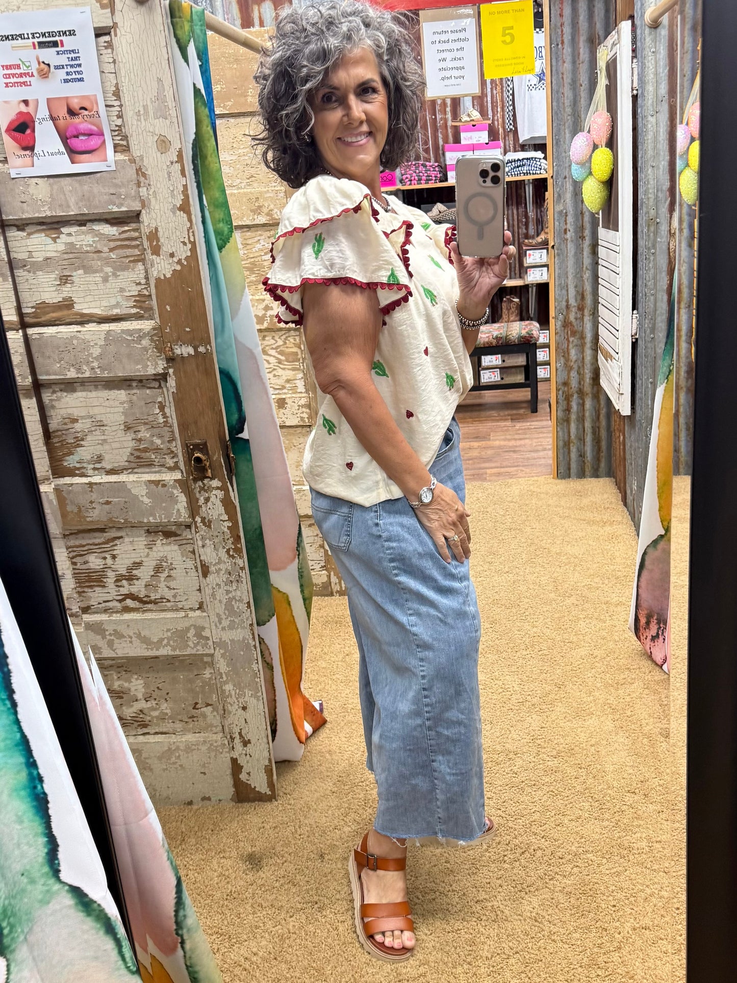 Cactus Embroidered Ruffle Sleeve Top