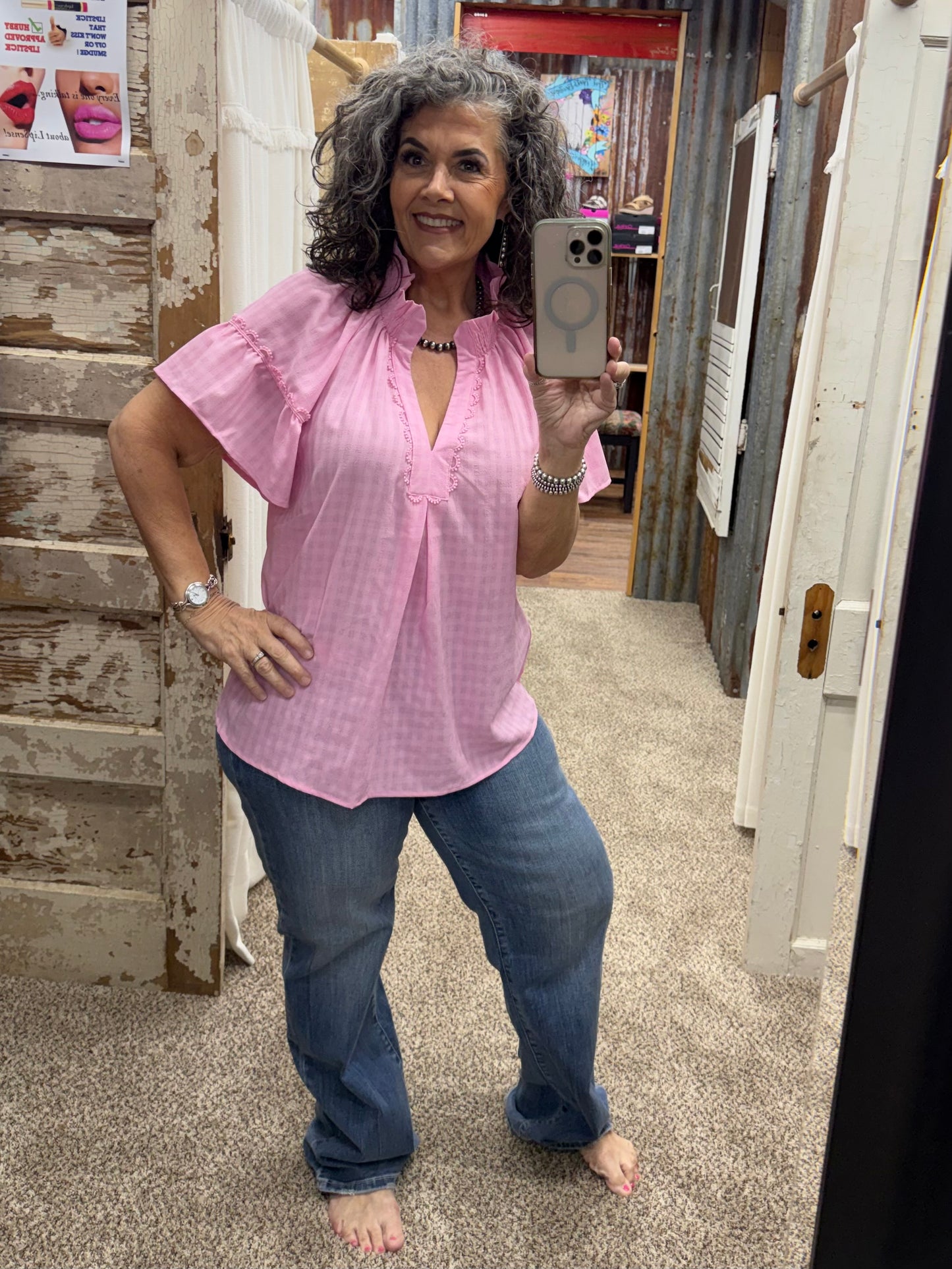 UMGEE Pink Trim Puff Sleeve Top