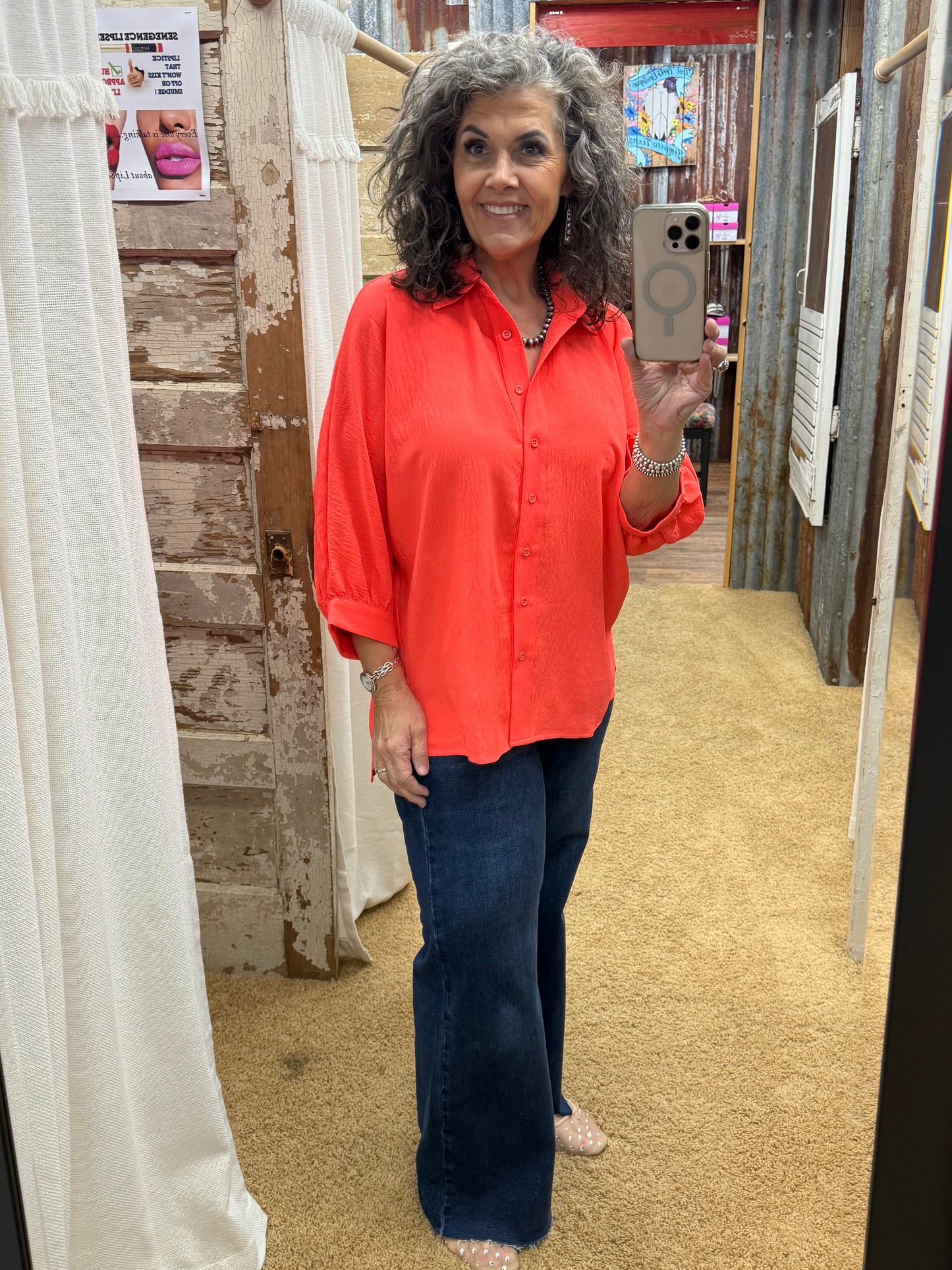 Sloane Button Up Top- Neon Coral
