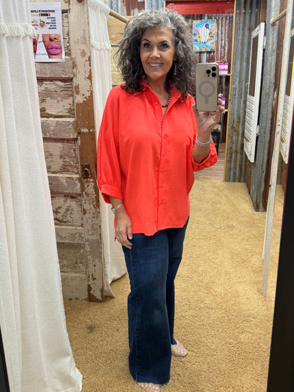 Sloane Button Up Top- Neon Coral