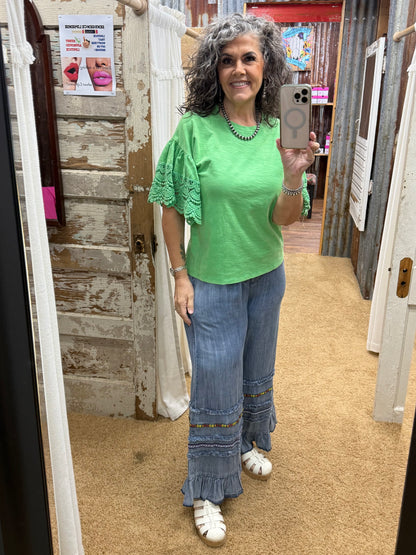 GREEN WING SLEEVES WASHED COTTON SLUB TOP