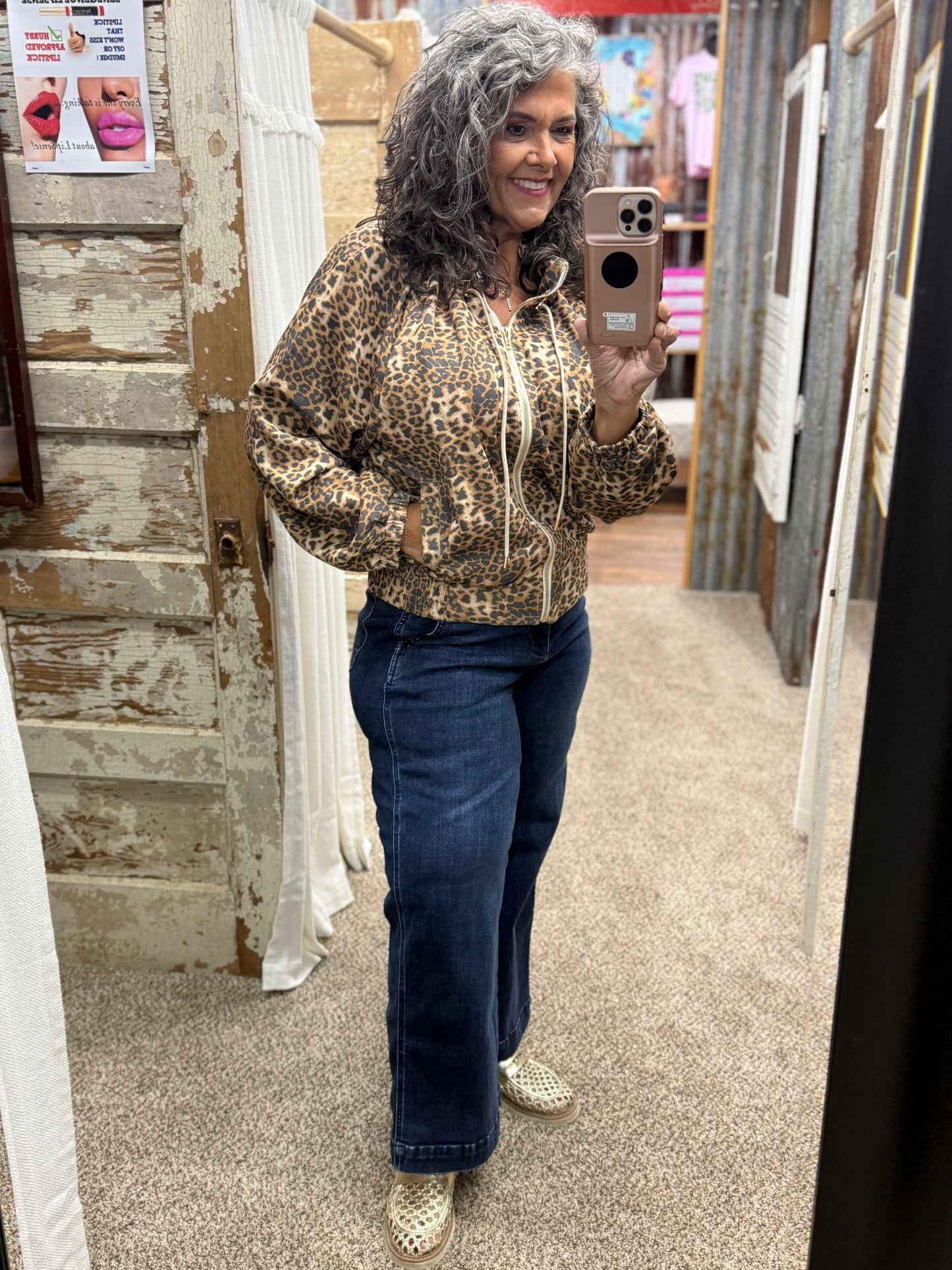 Umgee Camel Leopard Print Zip-Up Hooded Jacket