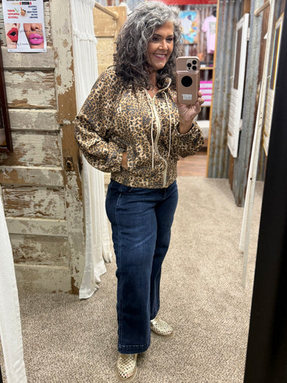 Umgee Camel Leopard Print Zip-Up Hooded Jacket