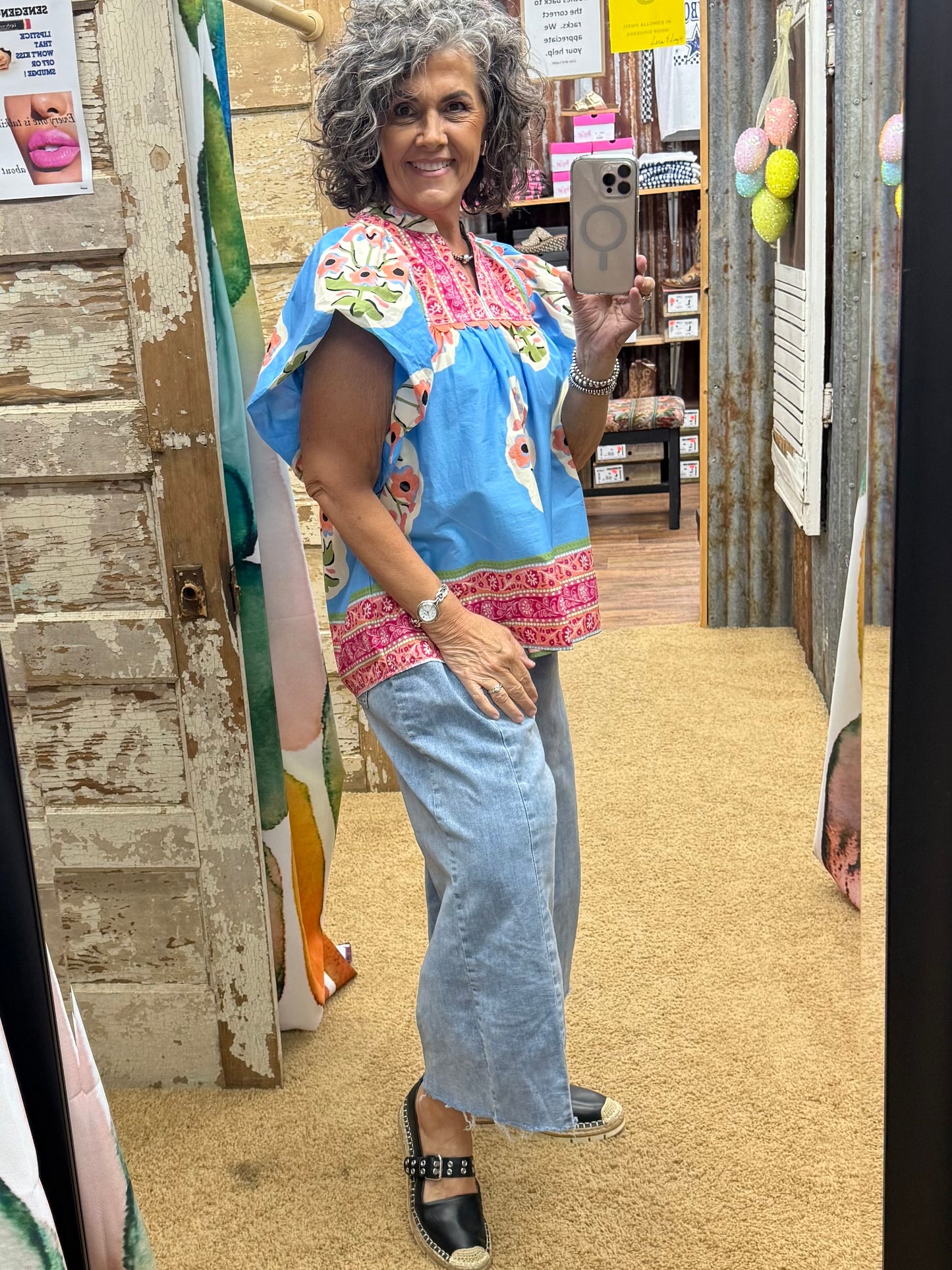 Blue Floral Border Blouse