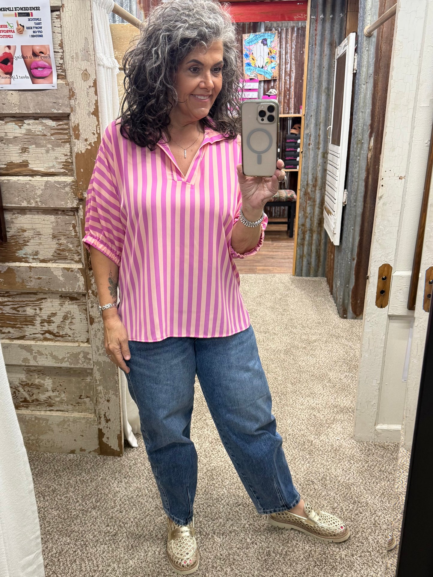 SLOAN STRIPED PINK SANGRIA BLOUSE