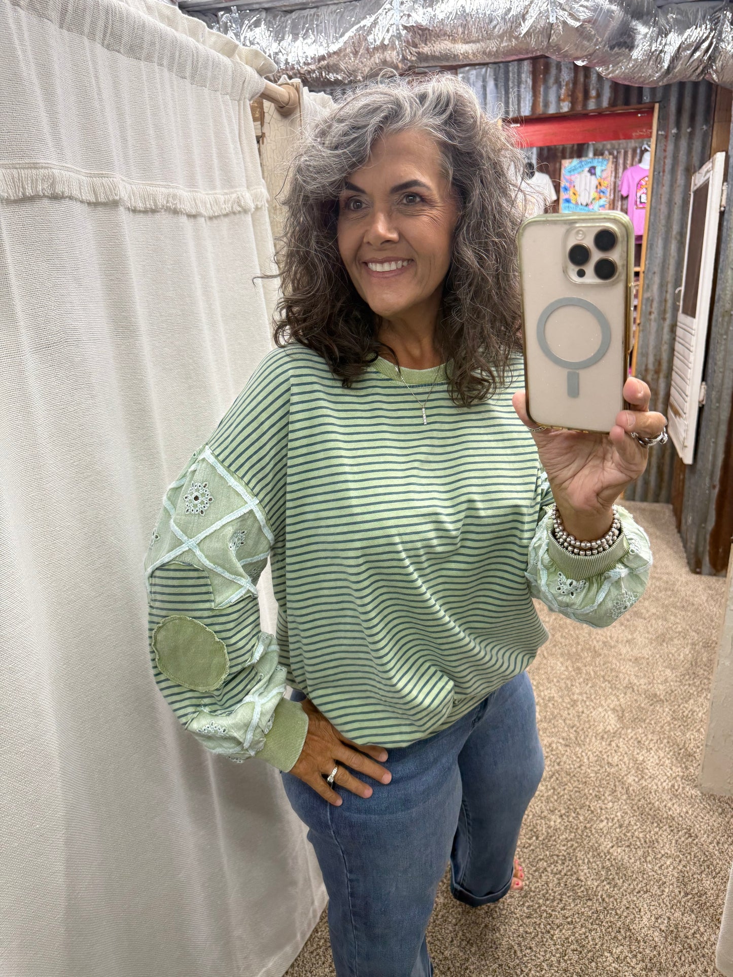 Dusty Sage Lace Mixed Striped Cotton Pullover