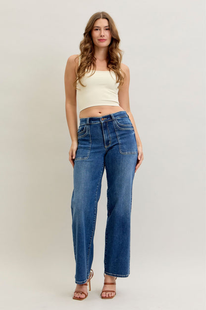 Judy Blue Mid Rise 90's Straight Front Patch Double Pocket 82680