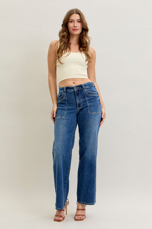 Judy Blue Mid Rise 90's Straight Front Patch Double Pocket 82680