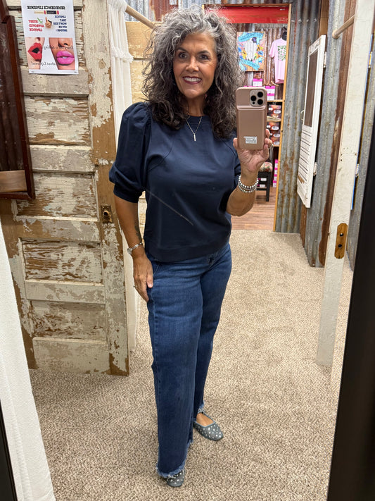 UMGEE Navy Puff Sleeve Pullover Sweatshirt Top