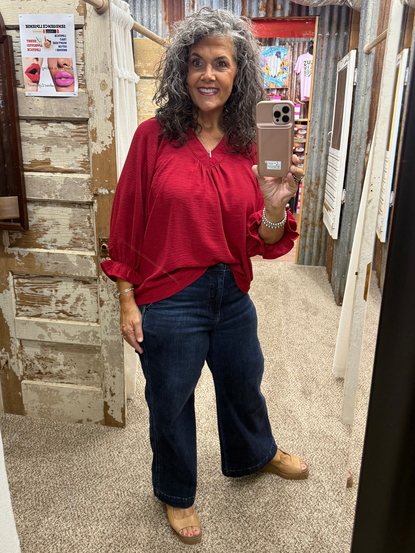 UMGEE Crimson Collared Split V Neck Top