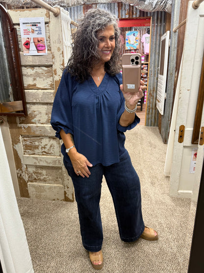 UMGEE Navy Collared Split V Neck Top
