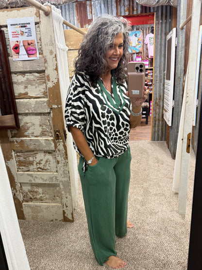 UMGEE Olive Mixed Animal Print Drawstring Tunic Top
