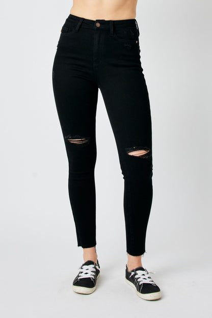 Judy Blue H/W Black Destroy Knee Raw Hem Skinny 88562