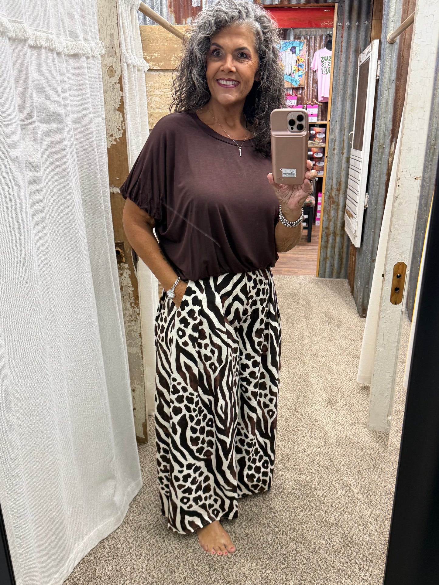 UMGEE Brown Double Lined Bubble Sleeve & Hem Top